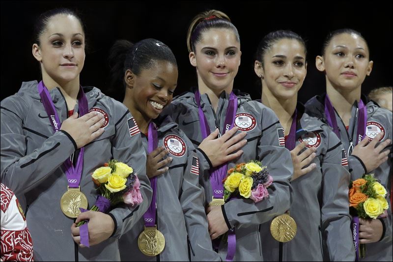 U.S. gymnasts, left to right,