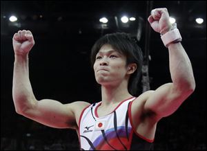Japan's Kohei Uchimura competes in the floor exercise on his  way to the all-around title. 