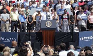President Obama  speaks Wednesday in Mansfield, Ohio. A new Quinnipiac University/CBS News/New York Times swing-state poll shows Mr. Obama leading Republican candidate Mitt Romney by 6 percentage points in Ohio.
