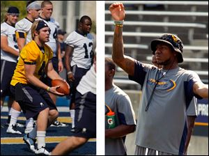 Austin Dantin, left, was at the controls of the Rockets’ offense in the afternoon, while Terrance Owens, right, was on the sidelines.  Owens took the snaps during the first preseason practice in the morning.