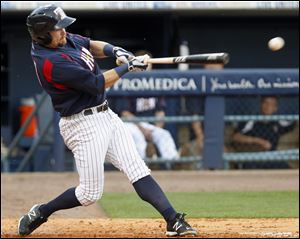 Jerad Head, Mud Hens left fielder, gets all of an eighth-inning pitch which he stretched into a double. Head was 2 for 3 at the plate.