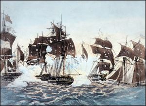 Commodore Oliver Hazard Perry's defeat of a British fleet on Lake Erie during the War of 1812, depicted in this painting titled 