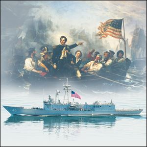 This illustration shows the USS De Wert, below, one of the ships scheduled to visit Toledo during Navy Week, and William Powell's 1865 painting 