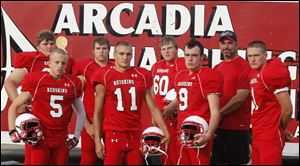 Arcadia seniors: Row 1: Seth Bauer, Casey Mock, Clay Moyer and Tyler Bame.
Row 2: Gabe Johnson, Kevin Keefe Jr., Travis Roller and head coach Pat Gehrisch