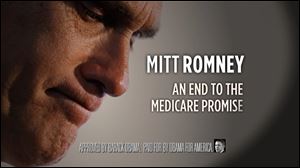 A screen grab from President Obama's  campaign ad suggests that Mitt Romney would break the promise of Medicare and replace benefits with a voucher.