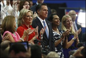 Republican presidential nominee Mitt Romney and his wife Ann applaud with Former Secretary of State Condoleezza Rice, second right, and Republican vice presidential nominee Rep. Paul Ryan's wife Janna, right, following New Jersey Governor Chris Christie's speech to the Republican National Convention in Tampa, Fla., on Tuesday.