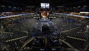 The production crew works on final adjustments for the Democratic National Convention in Time Warner Cable Arena in Charlotte. The convention starts Tuesday.