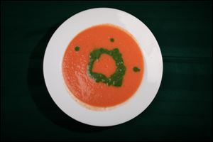 Tomato soup with spinach coulis.
