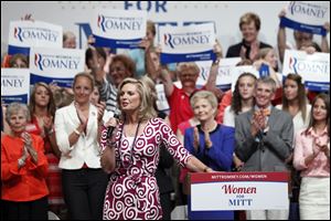 Ann Romney speaks during a Women for Mitt rally at the Winebrenner Auditorium at the University of Findlay in Findlay, Wednesday.