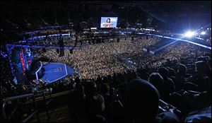 First lady Michelle Obama addresses the Democratic National Convention in Charlotte, N.C., on Tuesday.