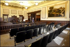 A courtroom in the Auglaize County Courthouse, above, has a mural of Pickett’s Charge at Gettysburg.