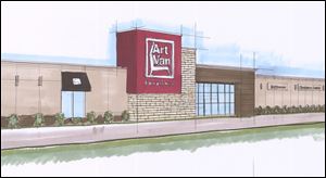An artist's rendering shows the Art Van furniture store planned for the Super Cinemas theaters site at the eastern boundary of the Spring Meadows shopping complex adjacent to I-475/US 23. The store is to be the chain's first outside the state of Michigan.
