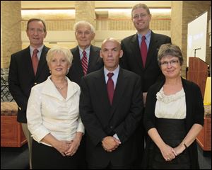Honorees at the University College of Law and the University of Toledo Law Alumni Affiliate were, back row from left: Prof. Ronald Brown, Rabbi Alan Sokobin, and Prof. Lee Strang. Front, from left: Justice Judith Lanzinger, Major Michael Renz, and Prof. Rebecca Zietlow.
