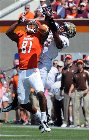 Virginia Tech cornerback Kyle Fuller (17) breaks up a pass against Bowling Green wide receiver Chris Galion (81) during the first half Saturday, Sept. 22, in Blacksburg, Va.