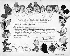 Disney cartoon characters decorate a paper war bond from the 1940s. The Treasury Department no longer issues paper certificates.