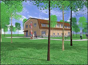 An artist's rendering shows the Centennial Leadership Center, the multipurpose 11,000-square-foot building for which the Boy Scouts of America will break ground at Camp Miakonda today.