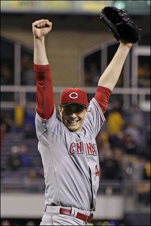 Cincinnati Reds starting pitcher Homer Bailey celebrates getting the final out of a no-hitter Friday night in Pittsburgh.