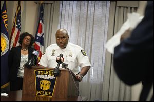Toledo Police Chief Derrick Diggs speaks with reporters Friday afternoon about a fatal shooting incident that occurred between police and a robbery suspect early Friday morning.