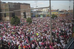 Some of the walkers on Monroe at Summit.  The Komen Northwest Ohio Race for the Cure.