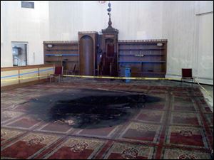 Fire damage inside the prayer room of the Islamic Center of Greater Toledo. 