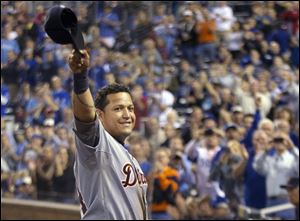 Miguel Cabrera waves to the crowd after being replaced during the fourth inning Wednesday at Kauffman Stadium in Kansas City, Mo.