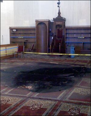 Fire damage inside the prayer room of the Islamic Center of Greater Toledo. 