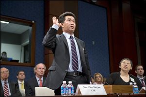 Zhu Jinyun, ZTE Corporation's senior vice president for North America and Europe, is sworn in on Capitol Hill in Washington, prior to testifying before the House Intelligence Committee as lawmakers probe whether Chinese tech giants' expansion in the U.S. market pose a threat to national security. In a report to be released Monday.