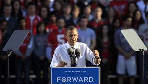 President Barack Obama speaks during a campaign event Tuesday at the Ohio State University Oval.