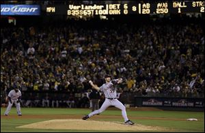 Detroit Tigers starting pitcher Justin Verlander delivers a pitch in the eighth inning of Game 5 Thursday night against the Oakland Athletics in Oakland, Calif.