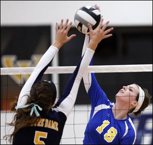 St. Ursula' s Maddie Burnham (19) spikes the ball against Notre Dame's Madeline Smyth during the Three Rivers Athletic Conference volleyball championship match Thursday at the University of Findlay's Croy Gymnasium.