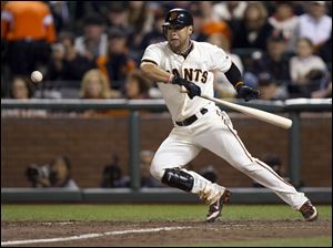 San Francisco Giants right fielder Gregor Blanco (7) bunts against the St. Louis Cardinals in the seventh inning Game 1 of baseball's National League championship series on Sunday, in San Francisco. 