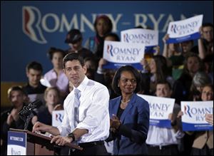 Republican vice presidential candidate, Rep. Paul Ryan, R-Wis., accompanied by former Secretary of State Condoleezza Rice, speaks at a campaign rally at Baldwin Wallace University in Berea, Ohio.