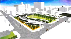 A graphic rendering of the proposed Tarta hub at the corner of Superior Street and Jackson Avenue.