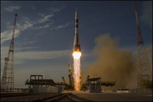 The Soyuz rocket with Expedition 33/34 crew members, Soyuz Commander Oleg Novitskiy, Flight Engineer Kevin Ford of NASA, and Flight Engineer Evgeny Tarelkin of ROSCOSMOS onboard the TMA-06M spacecraft launches to the International Space Station in Baikonur, Kazakhstan.