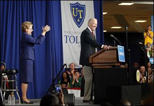 U.S. Rep Marcy Kaptur applauds Vice President Joe Biden during a campaign appearance Tuesday at the University of Toledo.