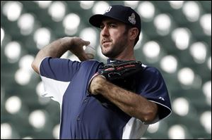Detroit Tigers pitcher Justin Verlander throws during a workout at Comerica Park on Monday in Detroit.