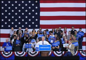 Vice President Joe Biden gestures while speaking to supporters during a campaign rally at Marion Harding High School in Marion, Ohio.