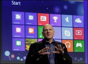 Microsoft CEO Steve Ballmer gives his presentation at the launch of Microsoft Windows 8, in New York. Windows 8 is the most dramatic overhaul of the personal computer market's dominant operating system in 17 years. 