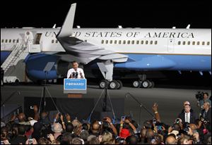 President Barack Obama speaks at a campaign event tonight at Burke Lakefront Airport in Cleveland.