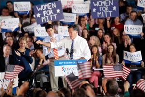 Republican presidential nominee Mitt Romney speaks to a crowd at the University of Findlay’s Koehler Fitness & Recreation Complex. ‘Findlay, Ohio, may well be the place that decides who the next president is,’ said Mr. Romney, who also made campaign stops in Marion and Celina.