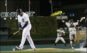 Detroit Tigers' Miguel Cabrera walks away after striking out to end Game 4 of baseball's World Series against the San Francisco Giants Sunday.
