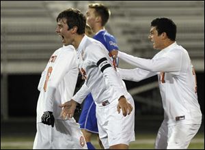 Southview's Jared Lyle reacts to scoring one of his two goals against Anthony Wayne during the D-I soccer regional semifinal Wednesday at Central Catholic.