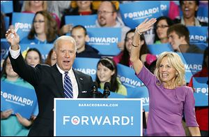 Vice President Joe Biden and his wife, Jill, greet the crowd at Terra Community College in Fremont. About 1,550 turned out for the event Sunday. 