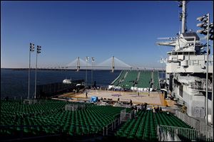 Notre Dame women's basketball players practice on the basketball court installed on the flight deck of the USS Yorktown on Thursday in Charleston, S.C.