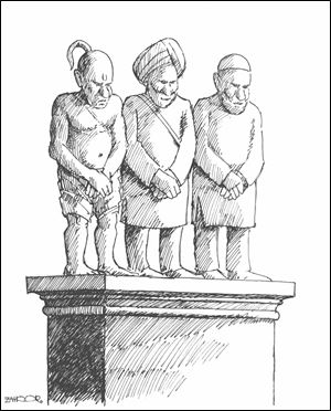 This illustration of a suggested monument has, from left, a Hindu, a Sikh, and a Muslim with an inscription: ‘We are ashamed of what we did to each other at the time of the Partition.'