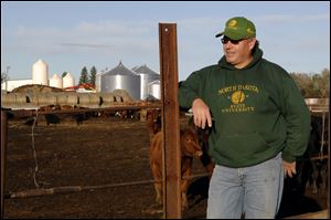 Doyle Johannes, who supports North Dakota constitutional amendment aimed at protecting the right to farm and ranch, stands next to his cattle feed lot on his farm in Underwood. N.D.