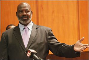 Toledo Mayor Michael P. Bell speaks at a press conference at One Government Center about  the proposed 2013 operating budget.