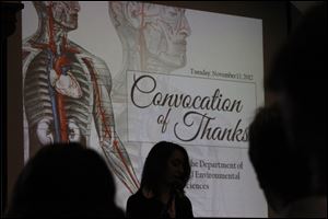 Student Gabrielle Mintz speaks during a Convocation of Thanks program Tuesday at Heidelberg University in Tiffin.