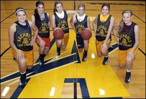 Archbold is expected to contend for the NWOAL title.  Leading the Blue Streaks, from left, are: Cassidy Wyse, Darian Oberlin, Cassidy Williams, Taylor Coressel, Jesse Fidler, and Hannah Hesterman.