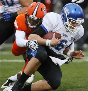 The Fal­cons fin­ished with seven sacks against a Buf­falo including this one by.Brian Sutton on Buffalo quarterback Joe Licata.